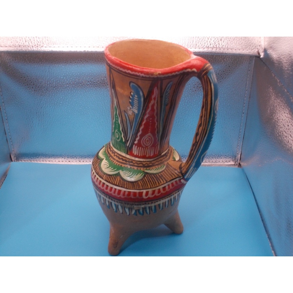 Vintage Hand Painted Terracotta Tripod Pitcher Folk Art Pottery Vase 10 Inch